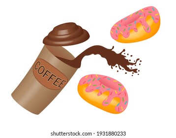 Splash of coffee from a paper cup and donuts with pink icing. Takeaway food, a splash of hot chocolate from a disposable cup and flying caramel donuts 3d.