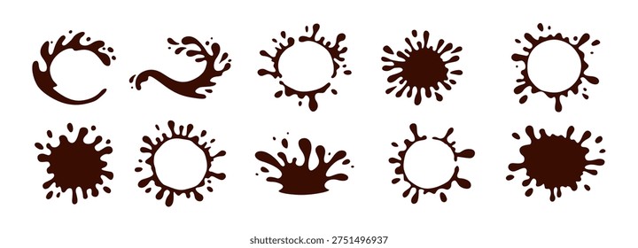 Splash coffee stains and milk splat, chocolate and water spray. Frame shape puddle drops vector. Abstract background for splash milk, coffee, chocolate illustration.