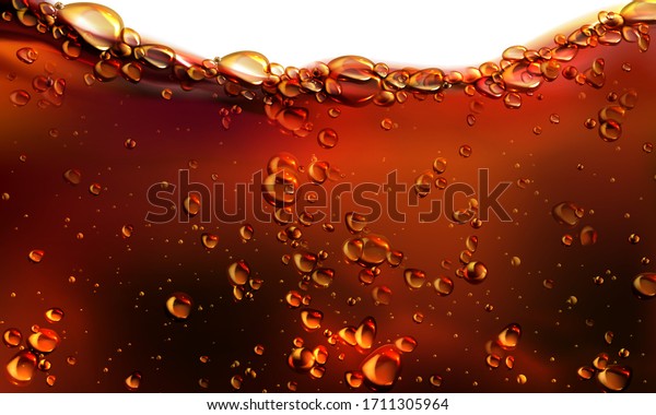 Splash of cola, soda or beer with bubbles. Vector\
realistic illustration of fizzy drink, champagne, cold carbonated\
beverage isolated on white background. Wavy flow of liquid brown\
effervescent water