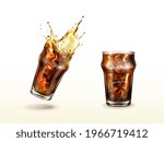 Splash cola, soda, cold tea or coffee with ice cubes. Splashing drink in glass cup with air bubbles. Isolated summer cocktail or whiskey alcohol beverage, Realistic 3d vector illustration, clip art