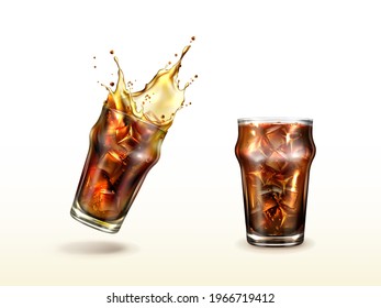 Splash Cola, Soda, Cold Tea Or Coffee With Ice Cubes. Splashing Drink In Glass Cup With Air Bubbles. Isolated Summer Cocktail Or Whiskey Alcohol Beverage, Realistic 3d Vector Illustration, Clip Art