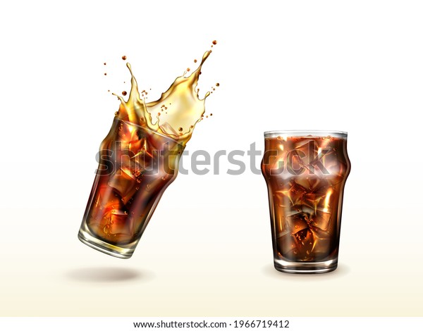 Splash cola, soda, cold tea or coffee with ice cubes.\
Splashing drink in glass cup with air bubbles. Isolated summer\
cocktail or whiskey alcohol beverage, Realistic 3d vector\
illustration, clip art