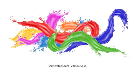 Splash color paint. Watercolor spray. Abstract water texture. Liquid curve flow. Colorful ink shapes. Brush splatter stains. Rainbow spots. Vibrant aquarelle. Artistic swirls. Vector 3D background