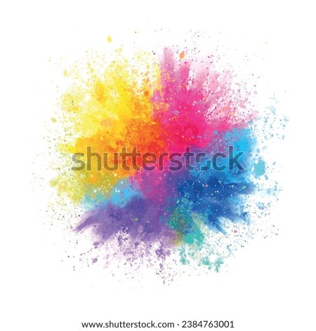 Splash of colorful powder over white background. Vibrant color dust particles textured background. 