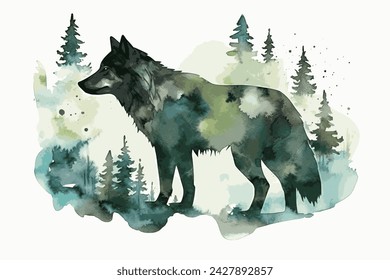 splash colorful watercolor illustration of an animal, part of the collection. Lone wolf in a forest