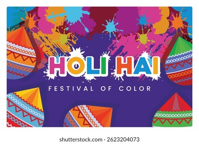 A splash of colors in celebration of the Holi festival. Symbolizes the joyful festival of colors. Holi Hai concept. Flat vector illustration.