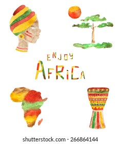 Splash of colors in watercolor african icons, woman, tree, sun, continent, drum and funny font
