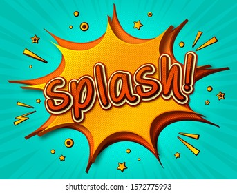 Splash Comics poster. Thought bubble and sound effects. Colorful funny illustration in pop art style. Yellow-orange cartoon banner with halftone effect. Vector illustration