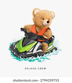 splash crew slogan with bear doll riding jetski vector illustration