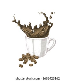 Splash in a cup of coffee. Hand drawn illustration in retro style