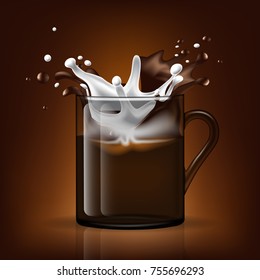 Splash in cup. Milk and coffee