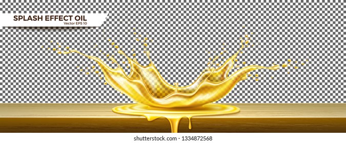 Splash the effect of sunflower oil. Wooden table. Realistic vector illustration
