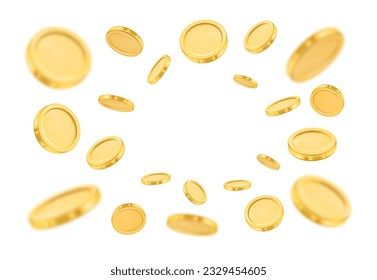 Splash of empty coins, positions of animated money, realistic golden coin animation. Vector financial assets, side and back, different animated positions. Treasure and earnings, savings