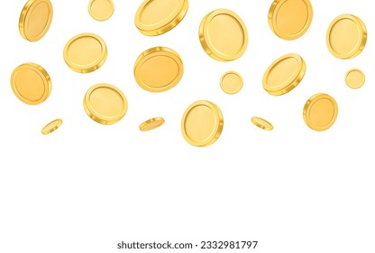 Splash of empty coins, positions of animated money, rain of dropping stacks. Vector falling golden coins background, savings and earnings, salary backdrop. Shiny gold coins