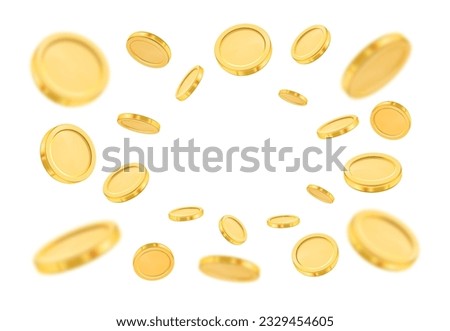 Splash of empty coins, positions of animated money, realistic golden coin animation. Vector financial assets, side and back, different animated positions. Treasure and earnings, savings