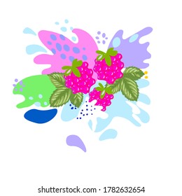 Splash and fall, movement of liquid, splashes of raspberry berries from juice and yogurt, drops and spots. Abstract vector illustrations
