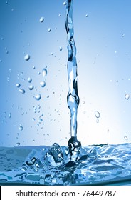 splash flow pouring flowing water blue and bubbles with drops