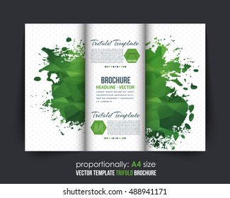 Splash Frame Green Colors Polygonal Tri-Fold Brochure Design. Corporate Leaflet, Cover Template