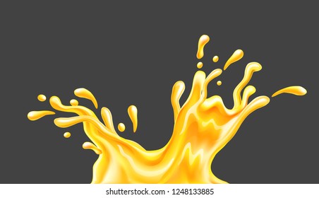 Splash of fresh orange juice, natural organic drink with splashes and drops isolated on grey background, gradient mesh used. EPS10 realistic vector illustration.