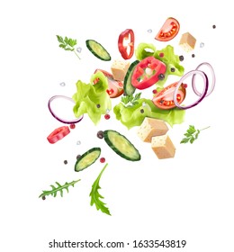 A splash of fresh vegetable salad. Vegetarianism, vitamins, healthy nutrition, diet. Vector 3d realistic dynamic composition isolated on white background.