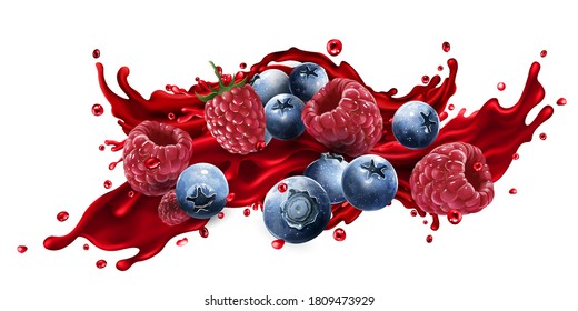 Splash of fruit juice with blueberries and raspberries.