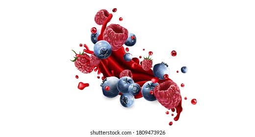 Splash of fruit juice and fresh blueberries and raspberries.