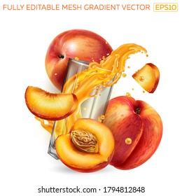 Splash of fruit juice in a glass among fresh peaches.