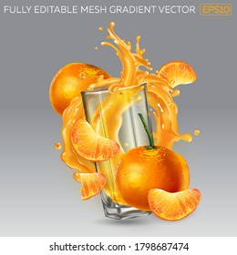 Splash of fruit juice in a glass and mandarins.