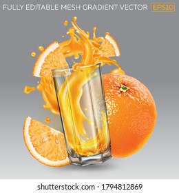 Splash of fruit juice in a glass, whole and sliced orange.