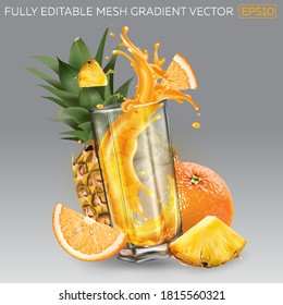 Splash of fruit juice in a glass, whole and sliced pineapple and orange.
