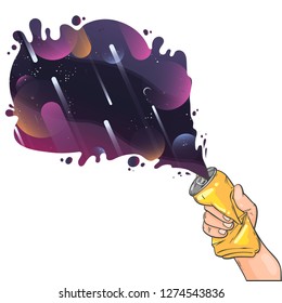 Splash of galaxy, space from aluminium can, vector hand drawn realistic illustration of hand and can