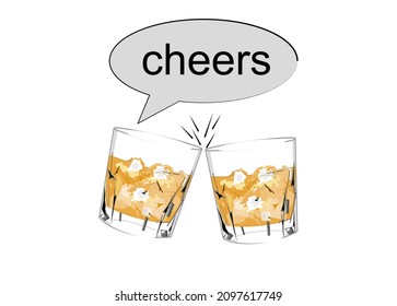 Splash  glasses of whisky with ice “cheers” isolate on white background vector illustration.