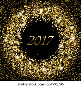 Splash of gold or glittering spangled banner in New Year concept 2017. Glowing frame with golden sparkle stars. Shiny background with star dust splashes. Vector illustration of poster greeting card