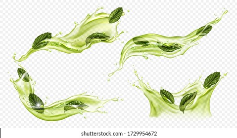 Splash of green tea with mint, matcha isolated on transparent background. Vector realistic set of liquid waves of falling and flowing water, menthol drink, cold tea with peppermint leaves