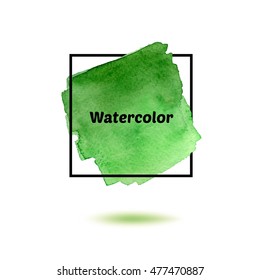 Splash green watercolor and black frame isolated on white background.