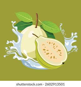 A splash of guava juice dancing around ripe guavas and their fresh slices