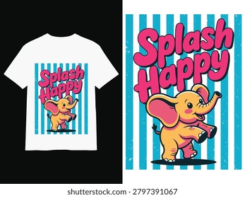 Splash Happy Elephant Cute Summer T Shirt Design Water Cartoon Illustration
