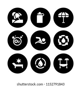 splash icon. 9 splash set with oxygen, water, swimming figure and beach vector icons for web and mobile app