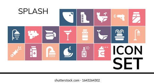 conjunto de iconos de bienvenida. 19 iconos de presentación rellenos. Incluye ducha, cañón de agua, leche, ballena, pintura con spray, jug, martini, fuente, iconos de parque acuático