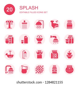 splash icon set. Collection of 20 filled splash icons included Shower, Whale, Milk, Fountain, Jug, Holi