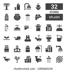 splash icon set. Collection of 32 filled splash icons included Holi, Shower, Whale, Milk, Martini, Fountain, Jug, Water gun
