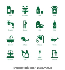splash icons. Editable 16 splash icons. Included icons such as Milk, Fountain, Droplet, Shower, Whale. splash trendy icons for web.