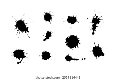 Splash and Ink drops. Hand made Illustration splat messy inkblot. Artistic dirty grunge abstract set. Blotter spots, liquid paint drip and splatter