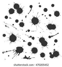 Splash ink. Set of ink blots and droplets. Silhouette shape. Vector texture.  Grunge background.