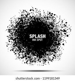 Splash ink spot. Drops black texture isolated on white background. Grunge abstract blot of splash spots. Sphere of black random blots. Vector design element.
