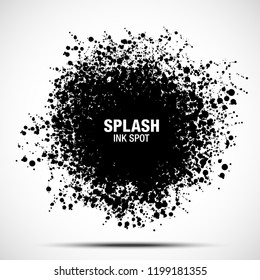 Splash ink spot. Drops black texture isolated on white background. Grunge abstract blot of splash spots. Sphere of black random blots. Vector design element.
