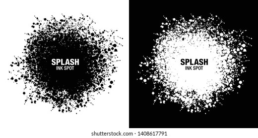Splash inkblot frame set. Drops black texture isolated on white background. Grunge abstract blot of splash spots. Sphere of black random blots. Vector design elements