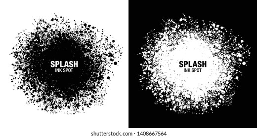 Splash inkblot frame set. Drops black texture isolated on white background. Grunge abstract blot of splash spots. Sphere of black random blots. Vector design elements