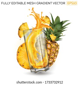 Splash of juice in a glass and pineapples on a white background.