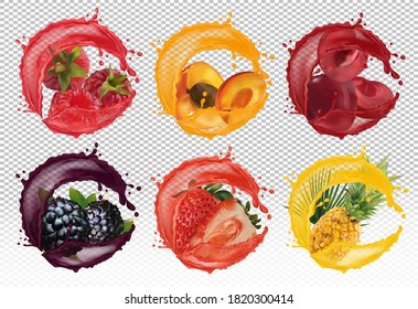 Splash of juice on sweet fruit. Fruit raspberry, apricot, cherry, black raspberry, pineapple, strawberry. 3D realistic fruit on transparent background. Vector illustration.